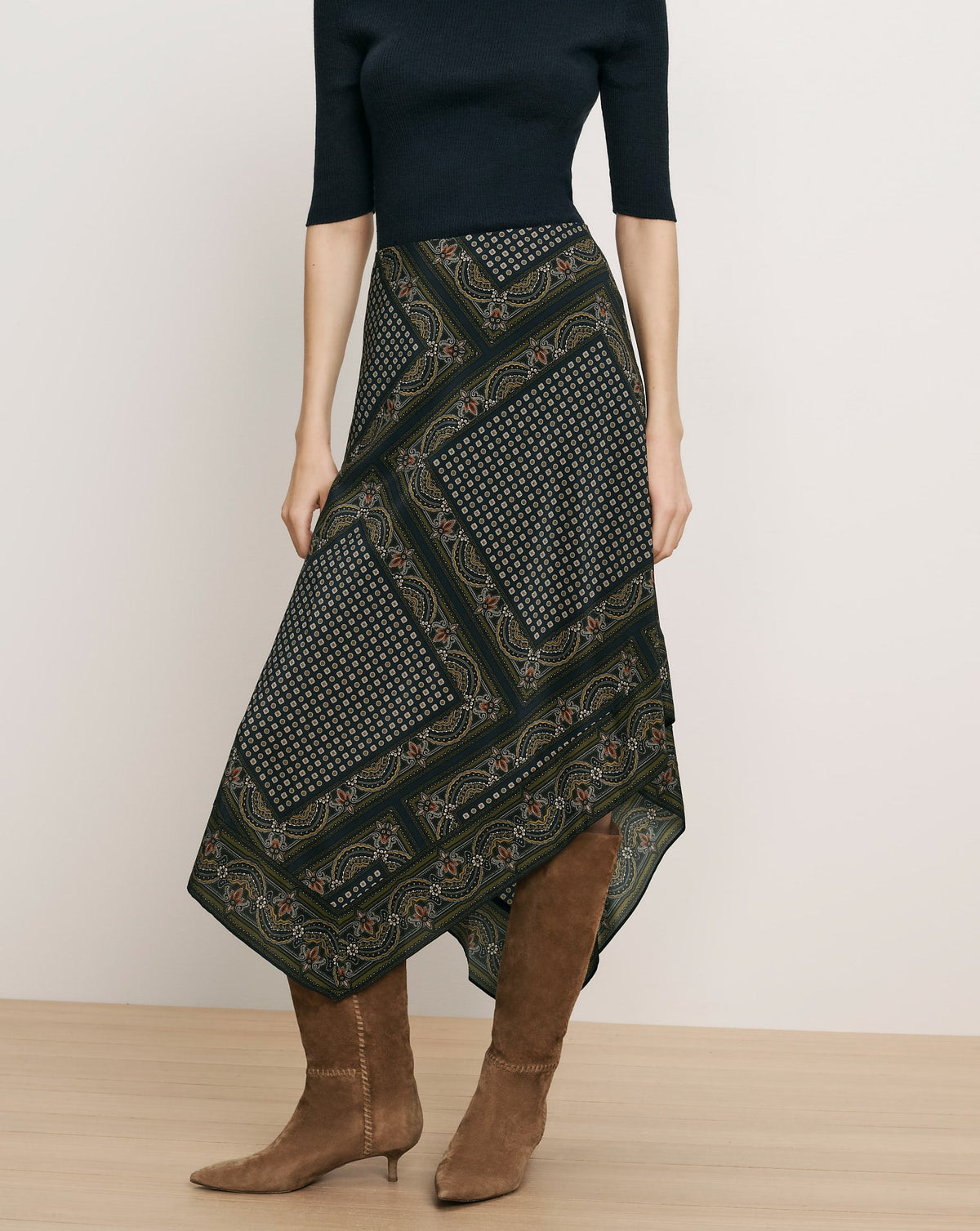 Veronica Beard | Hartley Asymmetric Midi Skirt in Heritage Navy Multi Heritage Navy Multi