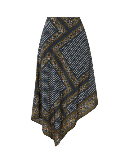 Veronica Beard | Hartley Asymmetric Midi Skirt in Heritage Navy Multi Heritage Navy Multi
