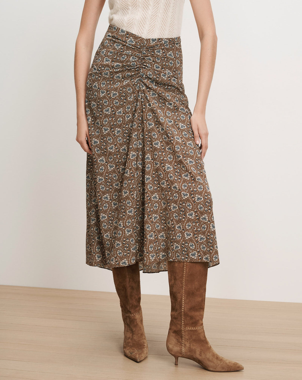 Veronica Beard | Limani Floral Midi Skirt in Tan & Blue Acorn Multi Acorn Multi
