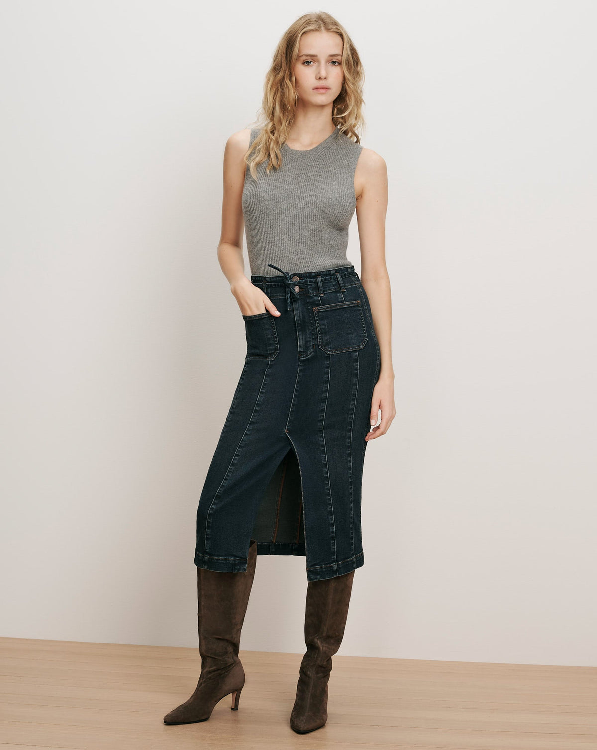 Veronica Beard | Pavana Denim Midi Skirt in Dark Blue Midnight Dark Midnight