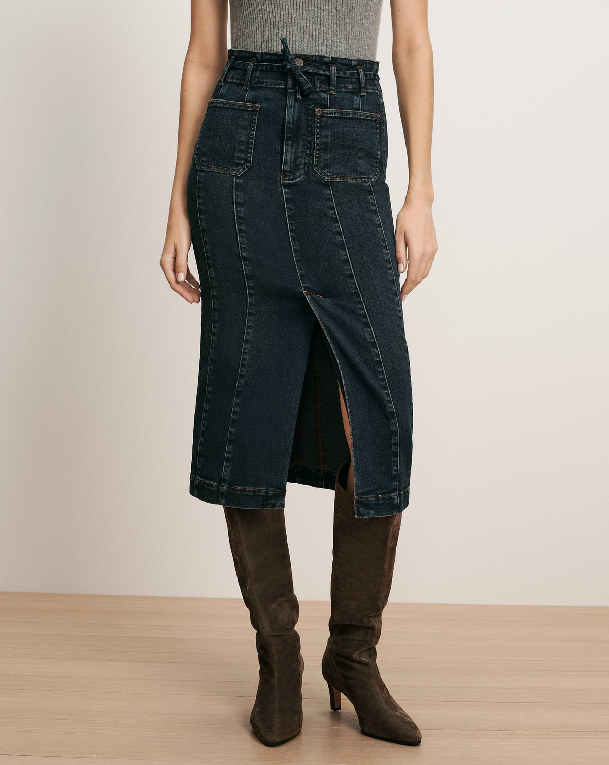 Veronica Beard | Pavana Denim Midi Skirt in Dark Blue Midnight Dark Midnight