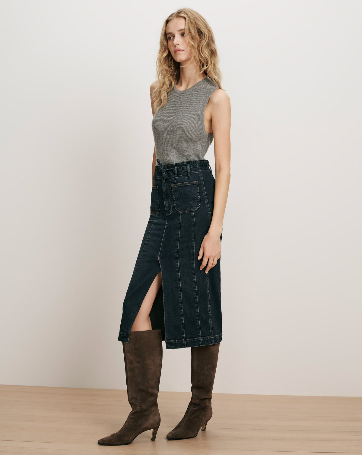 Veronica Beard | Pavana Denim Midi Skirt in Dark Blue Midnight Dark Midnight