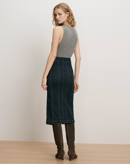 Veronica Beard | Pavana Denim Midi Skirt in Dark Blue Midnight Dark Midnight