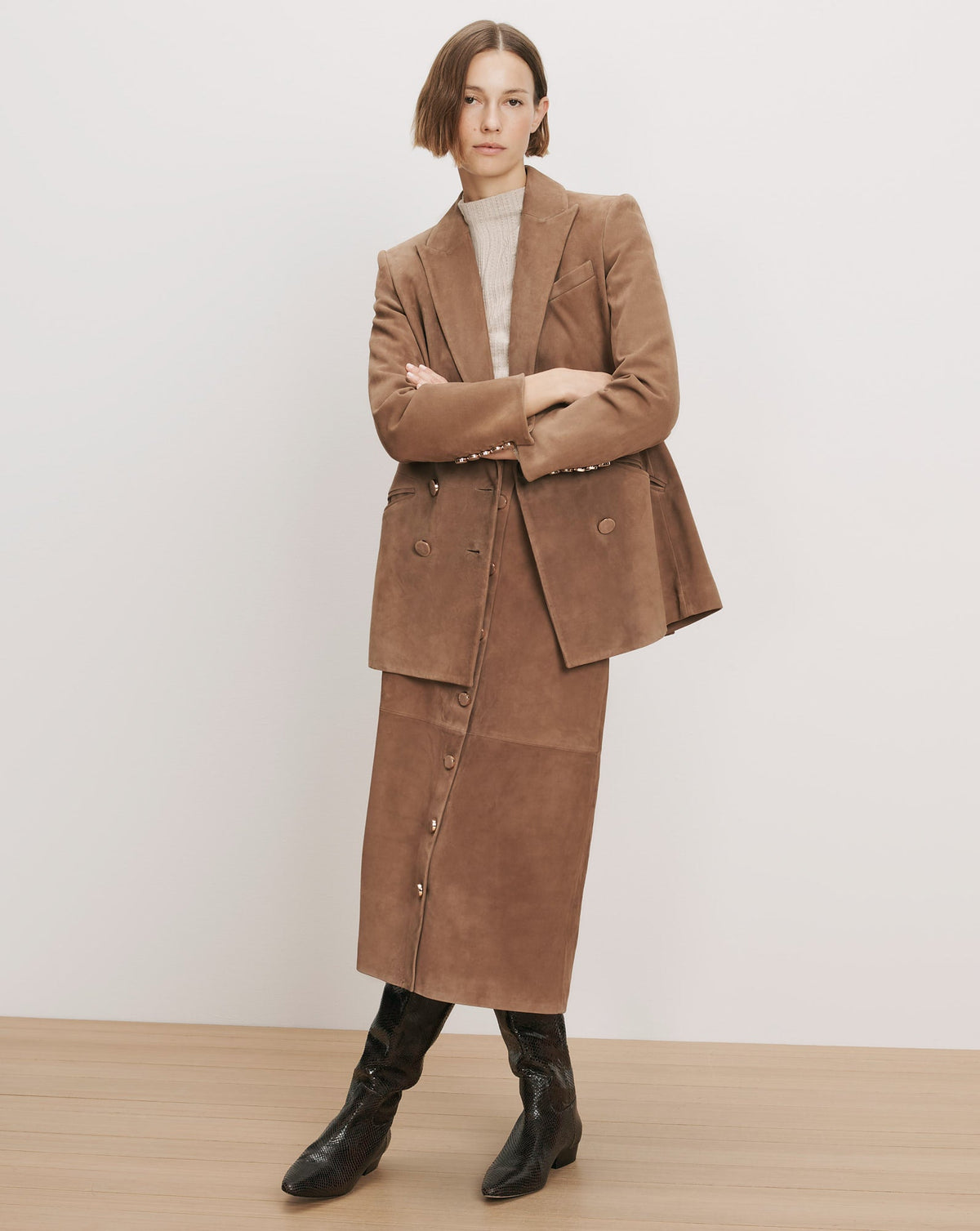 Veronica Beard | Callisian Suede Midi Skirt in Taupe Bark Bark