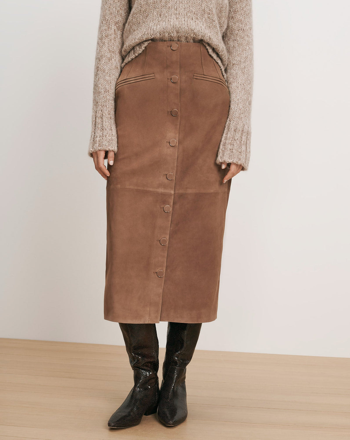 Veronica Beard | Callisian Suede Midi Skirt in Taupe Bark Bark