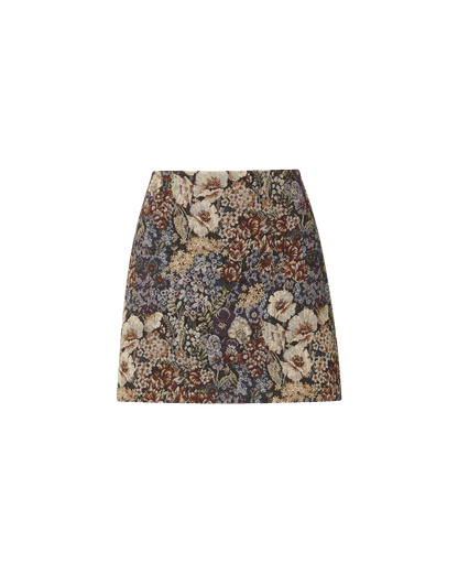 Veronica Beard | Ohemia Brocade Mini Skirt in Dark Purple Tapestry Print Dark Eggplant Multi