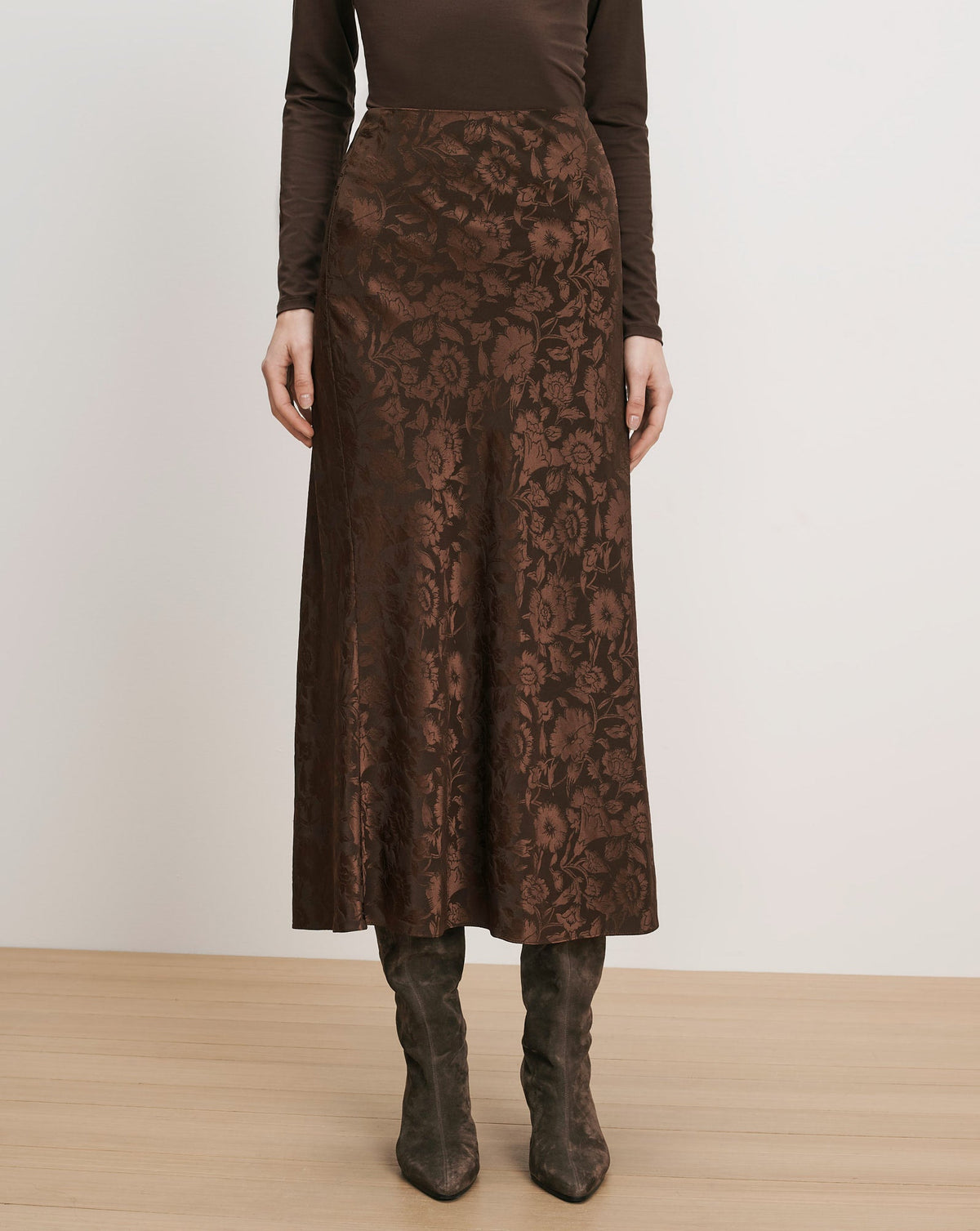 Veronica Beard | Clover Floral Midi Skirt in Espresso Dark Brown Espresso