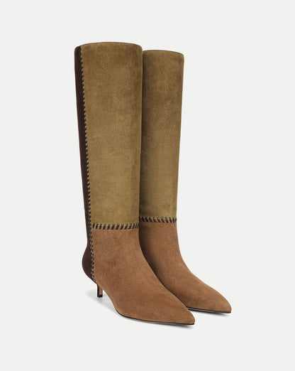 Veronica Beard | Lisa Kitten-Heel Boot in Brown & Olive Green Suede Chestnut/Fennel/Espresso