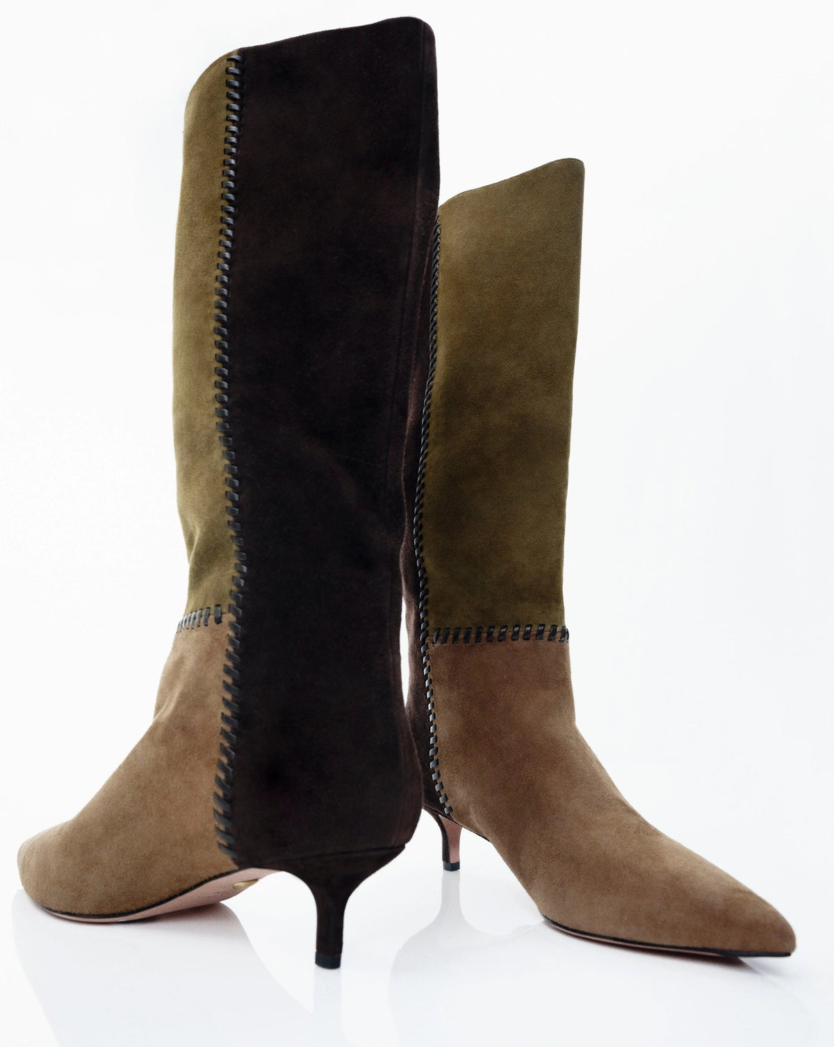 Veronica Beard | Lisa Kitten-Heel Boot in Brown & Olive Green Suede Chestnut/Fennel/Espresso