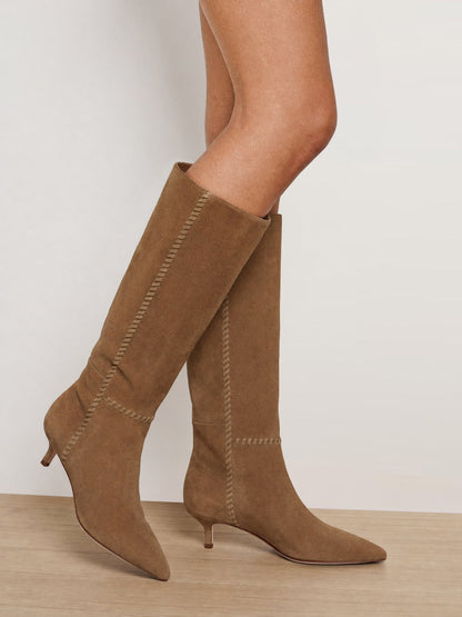 Veronica Beard | Lisa Whipstitch Kitten-Heel Boot in Brown Suede Chestnut