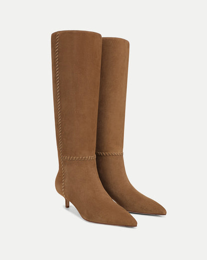Veronica Beard | Lisa Whipstitch Kitten-Heel Boot in Brown Suede Chestnut