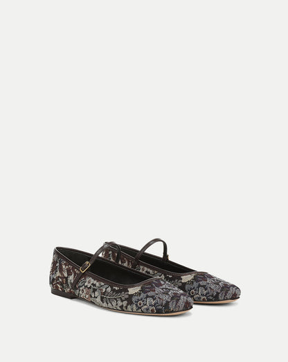 Veronica Beard | Ellie Brocade Mary Jane Flat in Brown Espresso Multi