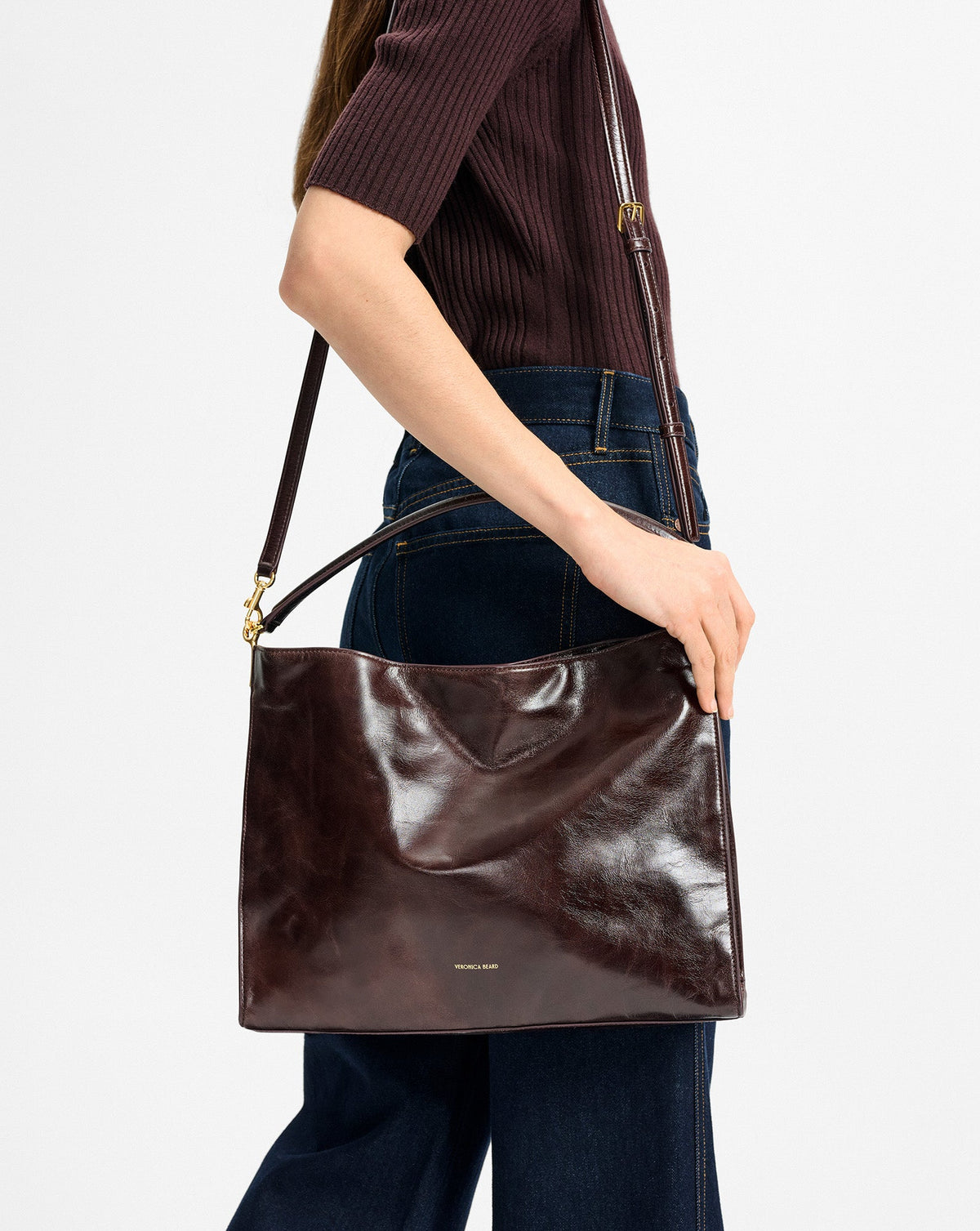 Veronica Beard | Vida Leather Shoulder Bag in Dark Brown Raisin Dark Raisin