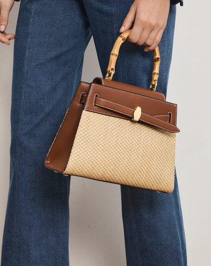 Veronica Beard | Veronica Beard Raffia Dash Top-Handle Bag in Tan Leather Hazelwood/Natural Hazelwood/Natural
