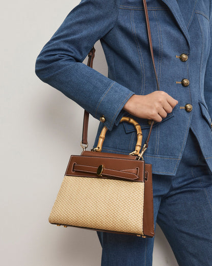 Veronica Beard | Veronica Beard Raffia Dash Top-Handle Bag in Tan Leather Hazelwood/Natural Hazelwood/Natural