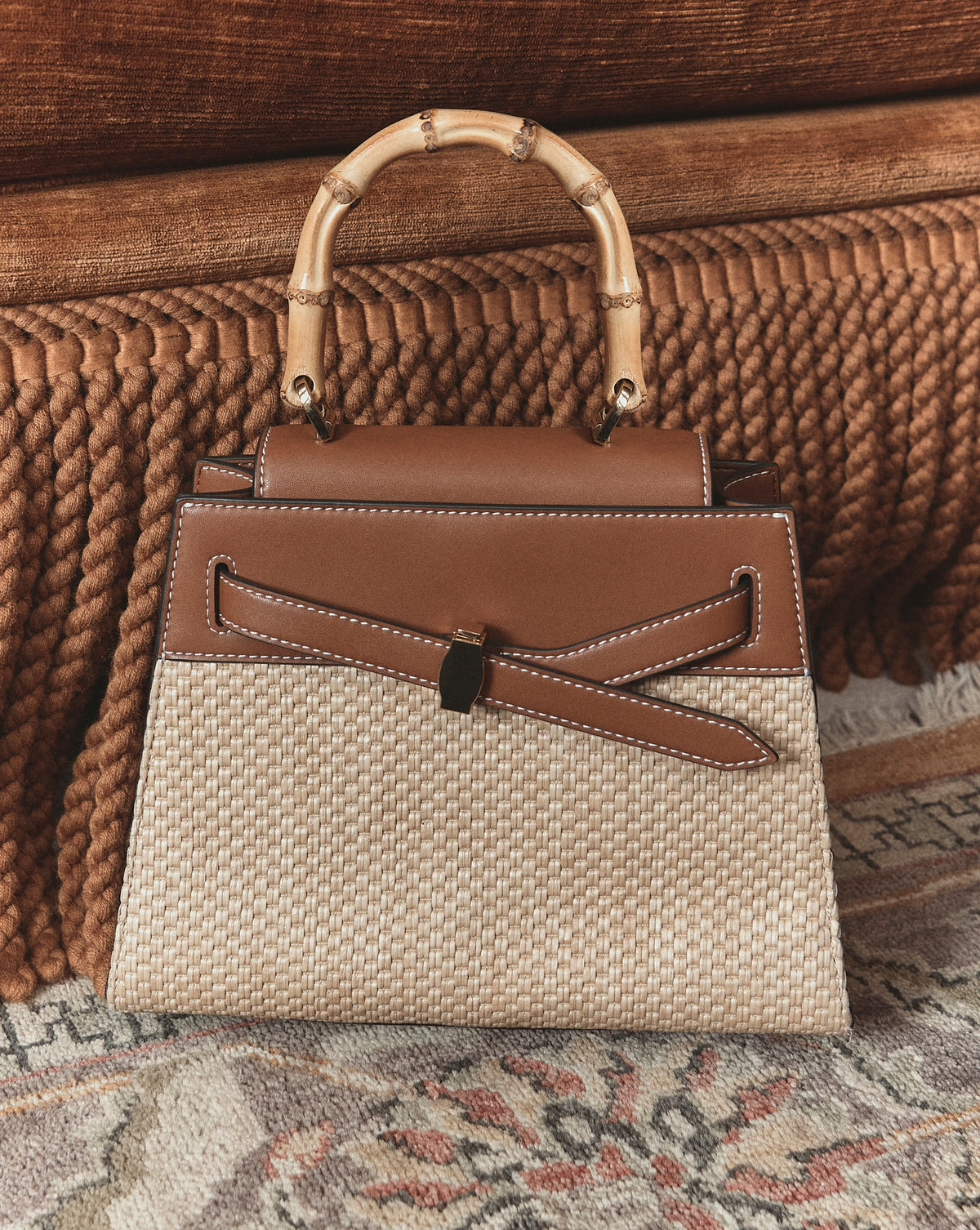 Veronica Beard | Veronica Beard Raffia Dash Top-Handle Bag in Tan Leather Hazelwood/Natural Hazelwood/Natural