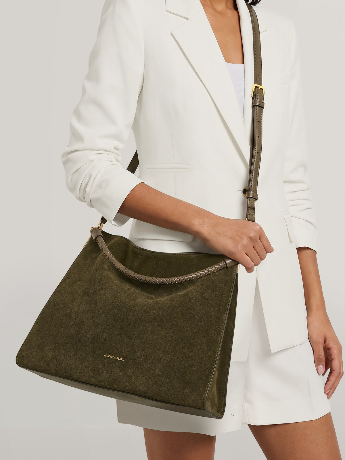 Veronica Beard | Vida Suede Shoulder Bag in Dark Green Cypress Cypress