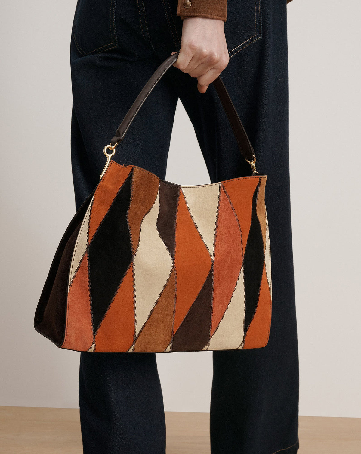 Veronica Beard | Vida Leather Patchwork Shoulder Bag in Espresso Multi Espresso Multi