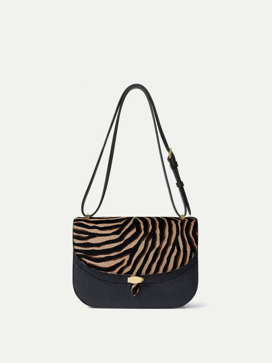 Veronica Beard | Calf-Hair Dash Saddle Bag in Zebra Print Tan Multi