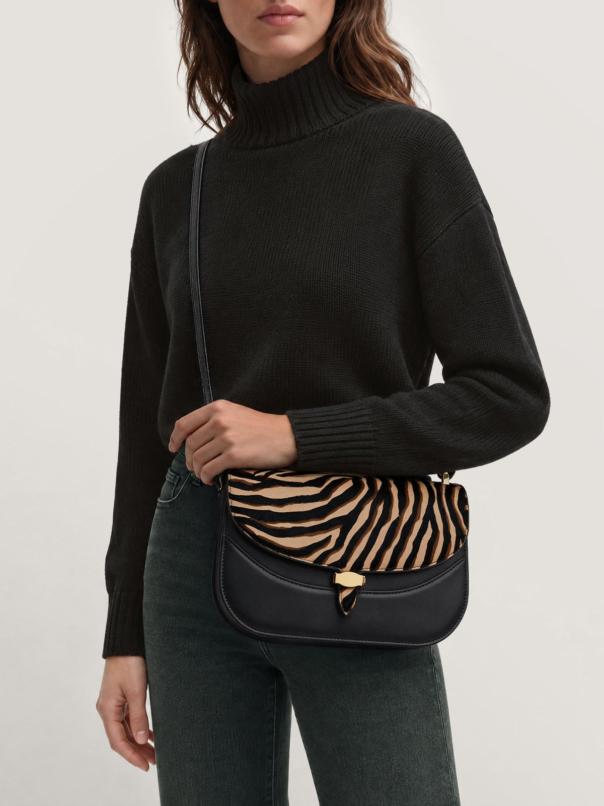Veronica Beard | Calf-Hair Dash Saddle Bag in Zebra Print Tan Multi