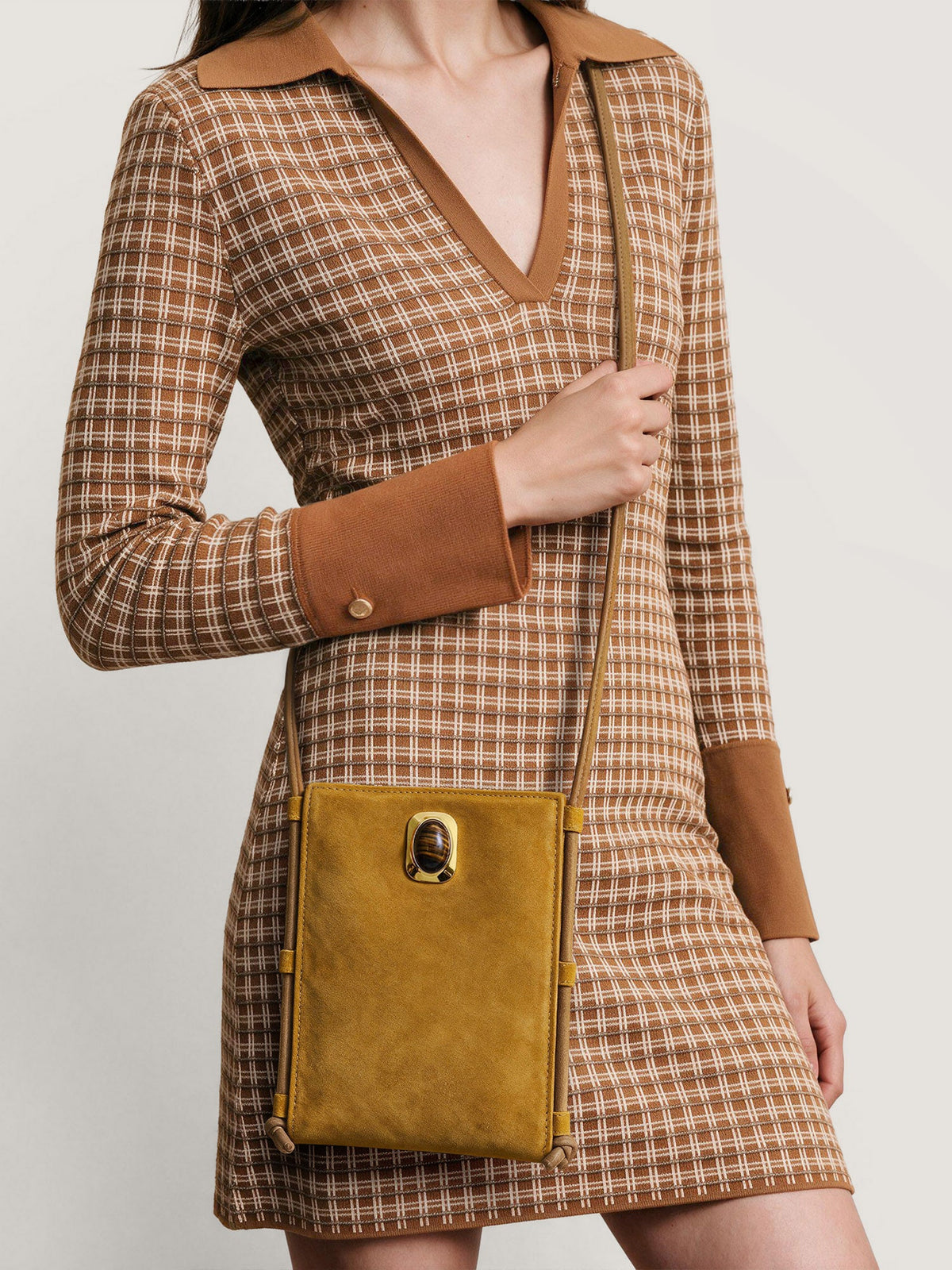 Veronica Beard | Tether Crossbody Bag in Tan Suede Acorn