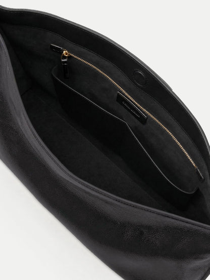 Veronica Beard | Vida Slouchy Shoulder Bag in Black Crinkle Leather Shoulder Bag Black