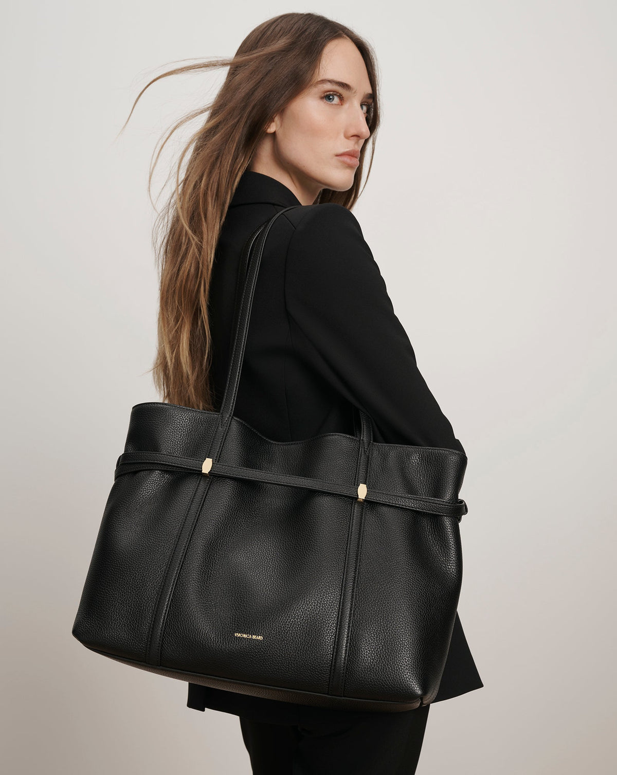 Veronica Beard | Lasso Belted Leather Tote Bag in Black Black