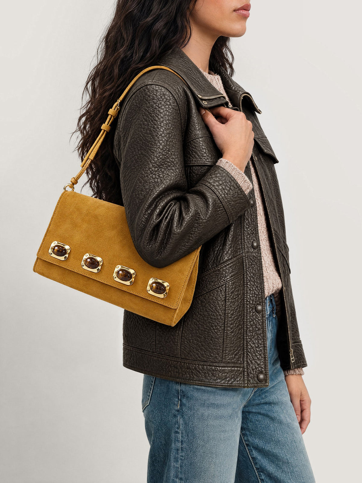 Veronica Beard | Tiger's Eye Cabochon Edit Bag in Tan Suede Acorn Acorn