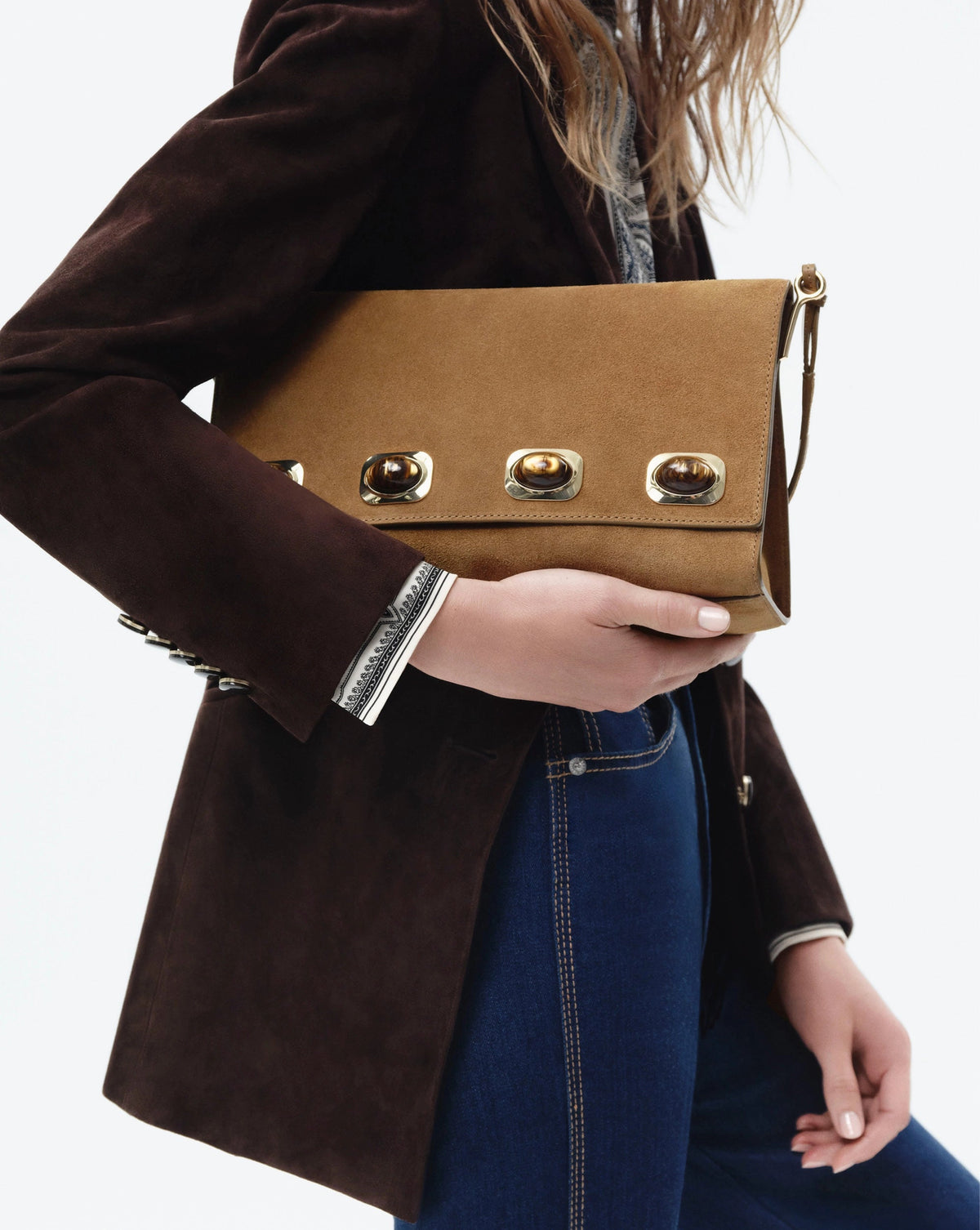 Veronica Beard | Tiger's Eye Cabochon Edit Bag in Tan Suede Acorn Acorn