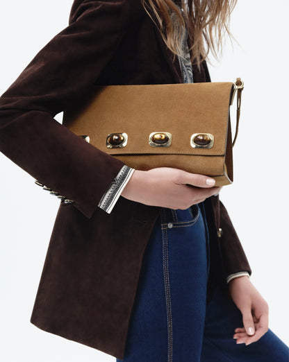 Veronica Beard | Tiger's Eye Cabochon Edit Bag in Tan Suede Acorn Acorn