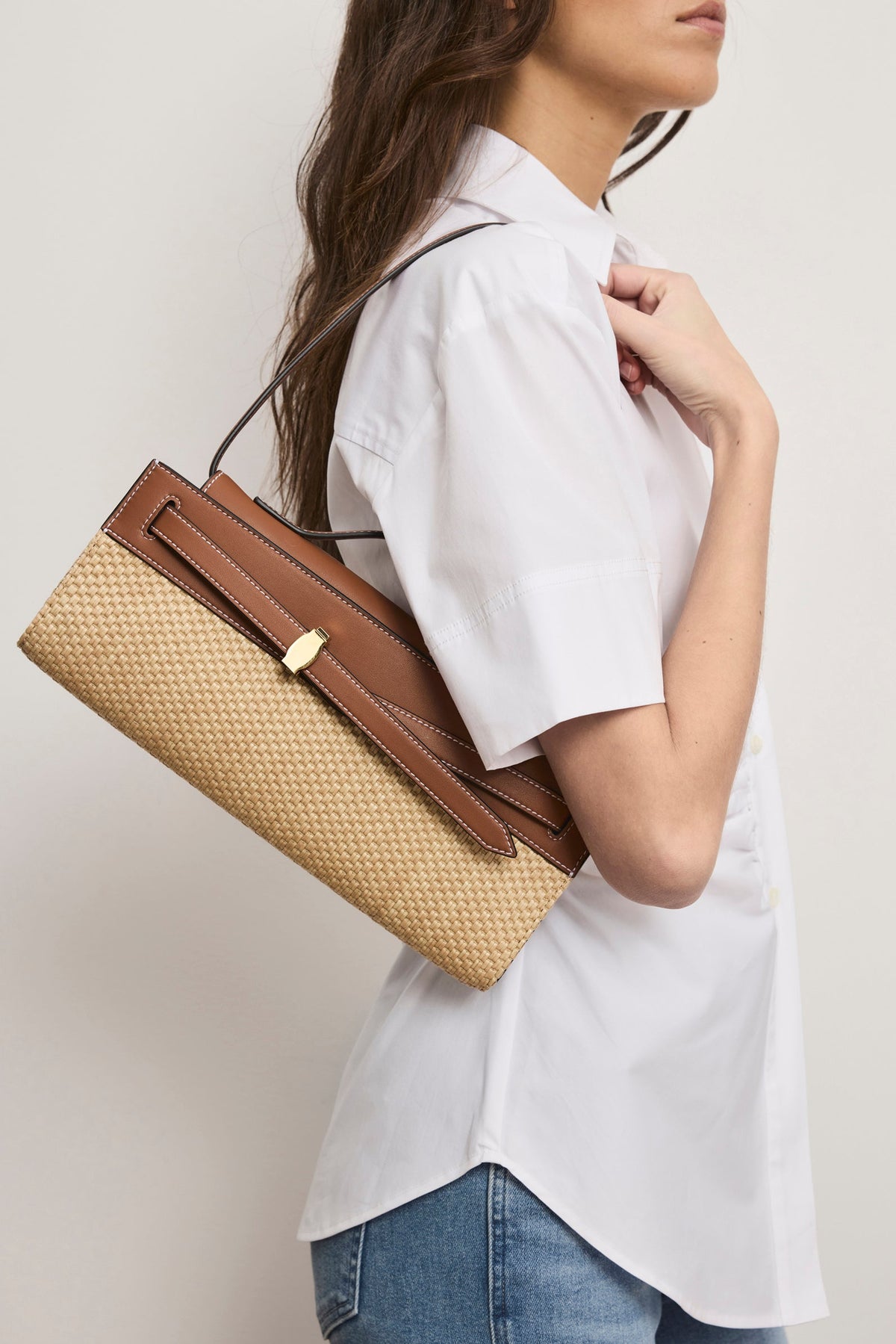 Veronica Beard | Veronica Beard Raffia Dash Clutch in Tan Leather Hazelwood/Natural Hazelwood/Natural