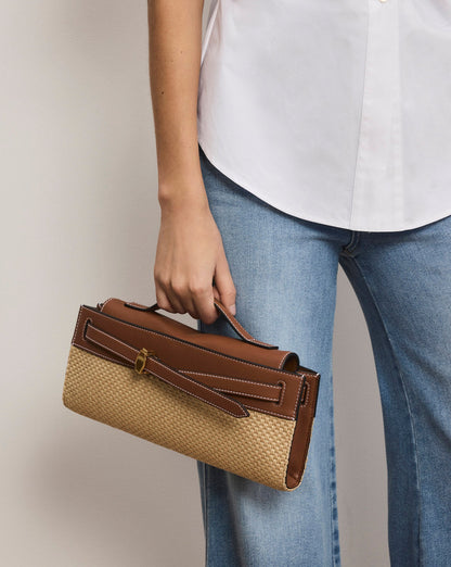 Veronica Beard | Veronica Beard Raffia Dash Clutch in Tan Leather Hazelwood/Natural Hazelwood/Natural