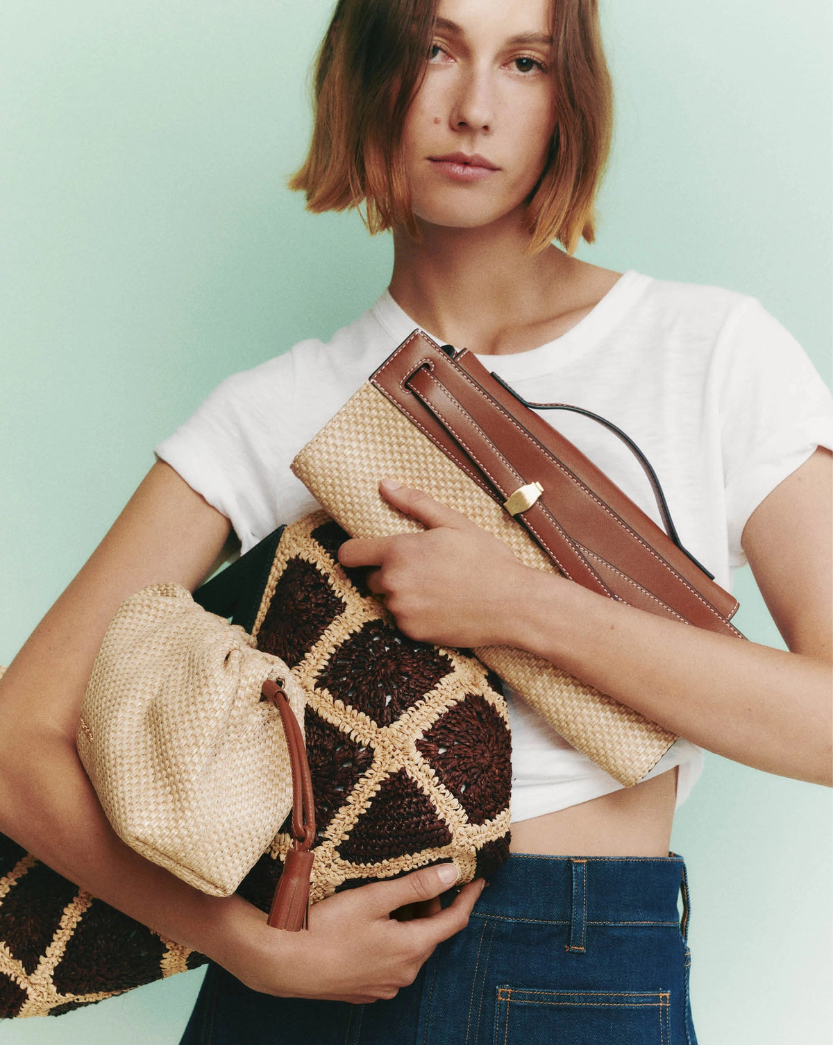 Veronica Beard | Veronica Beard Raffia Dash Clutch in Tan Leather Hazelwood/Natural Hazelwood/Natural