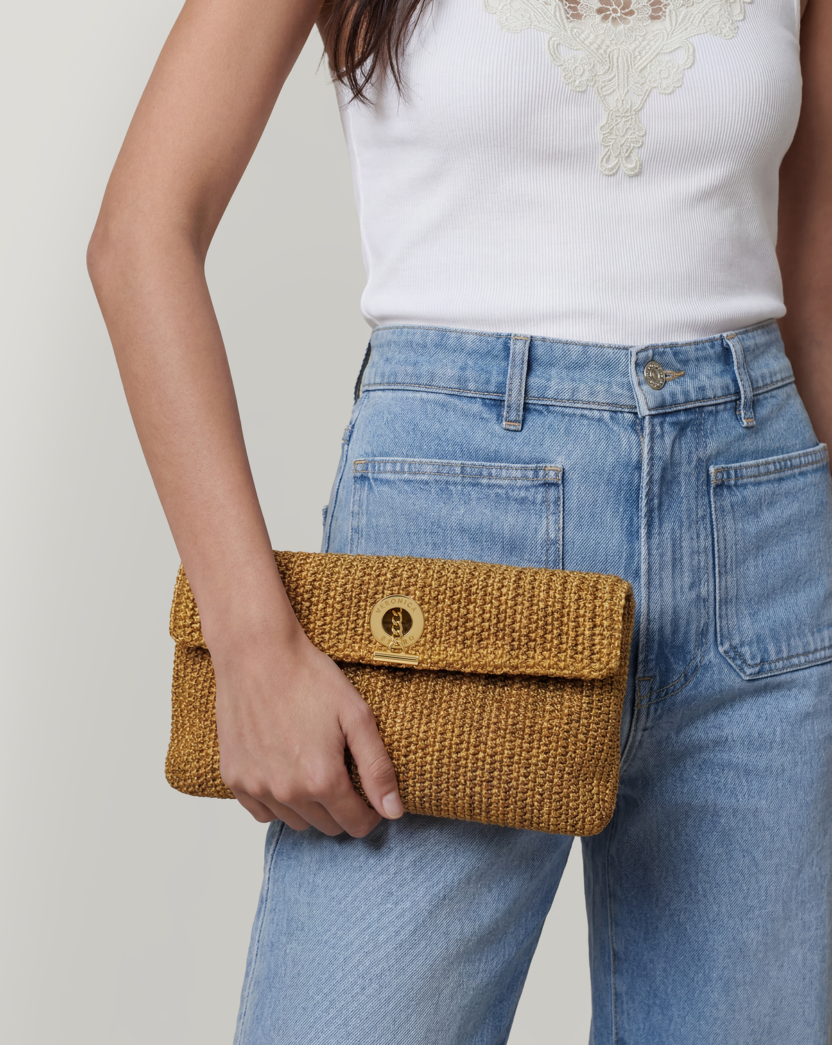 Veronica Beard | Raffia Anchor Clutch in Gold Gold
