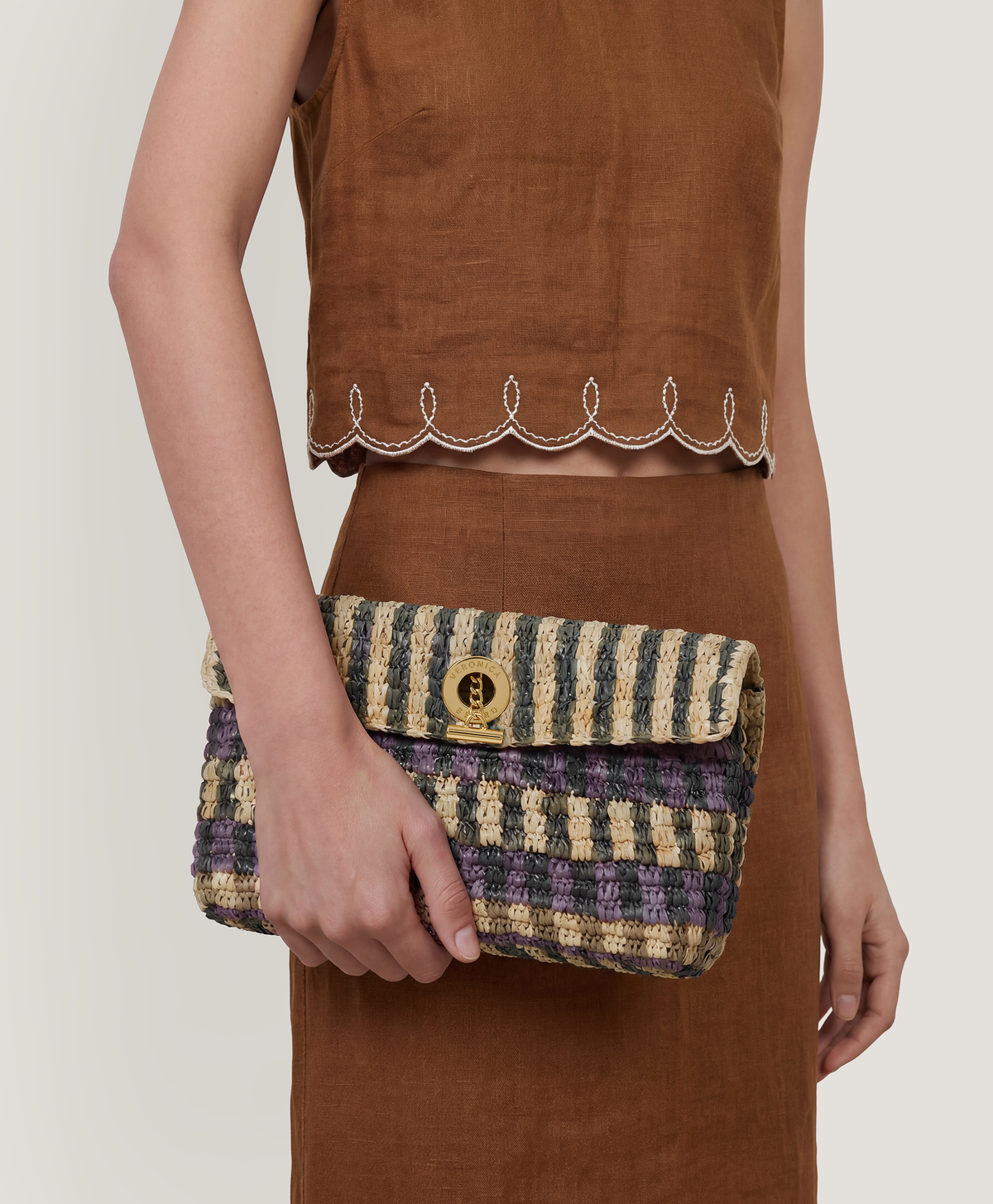 Veronica Beard | Raffia Anchor Clutch in Purple Stripes Multi Purple Multi
