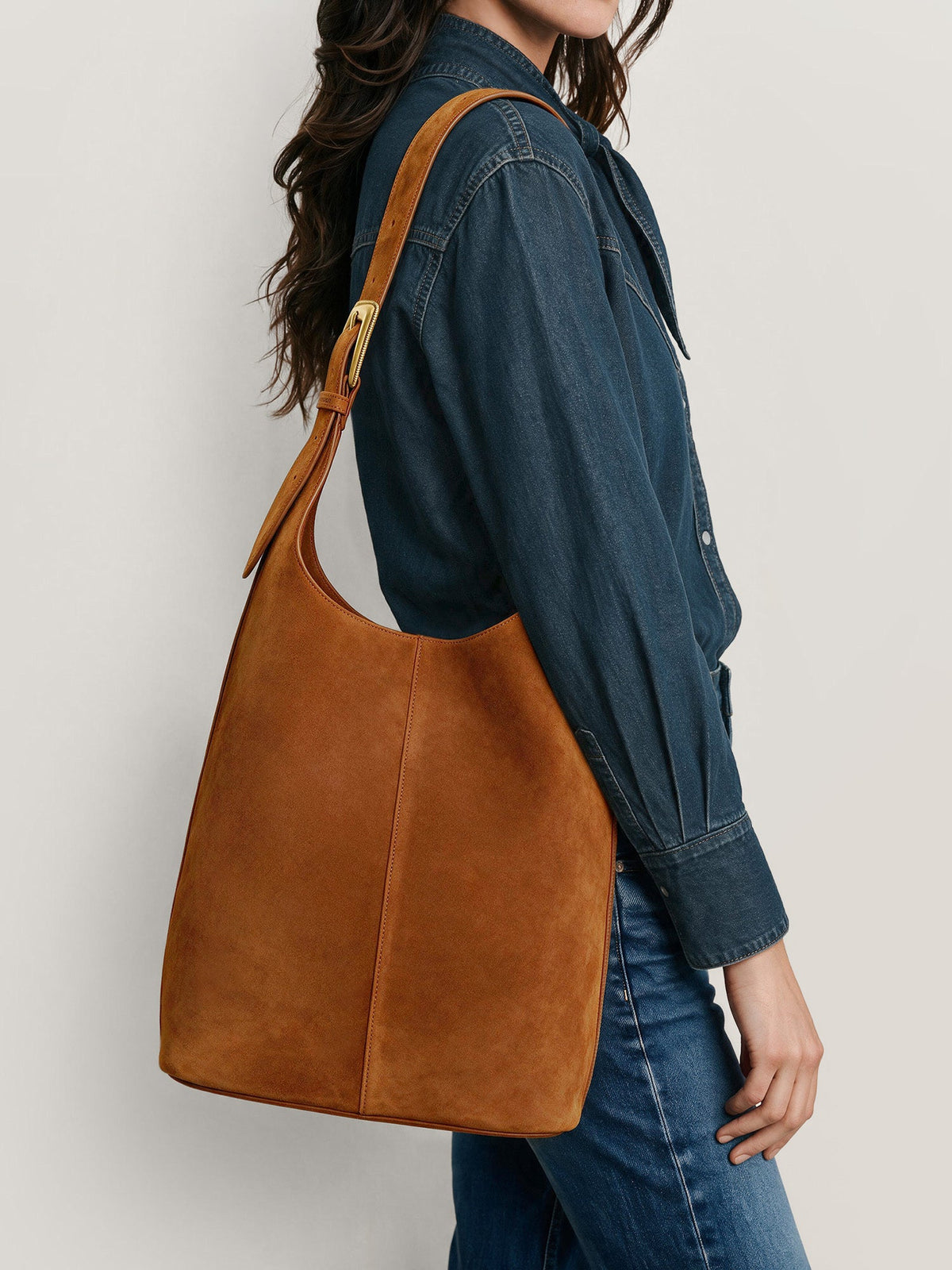 Veronica Beard | Large Loop Shoulder Bag in Brown Suede Tobacco