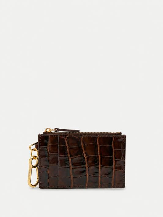 Veronica Beard | Croc-Embossed Card Holder in Brown Chestnut