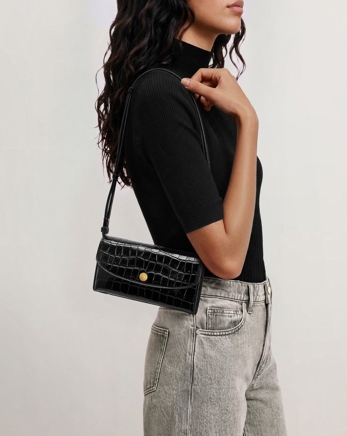 Veronica Beard | Croc-Embossed Crossbody Wallet in Black Black