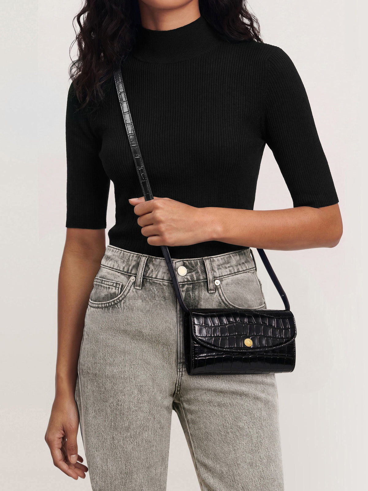 Veronica Beard | Croc-Embossed Crossbody Wallet in Black Black