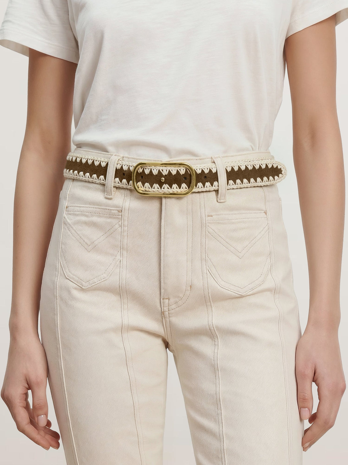 Veronica Beard | Loop Suede Whipstitch Belt in Tan Acorn Multi Acorn Multi