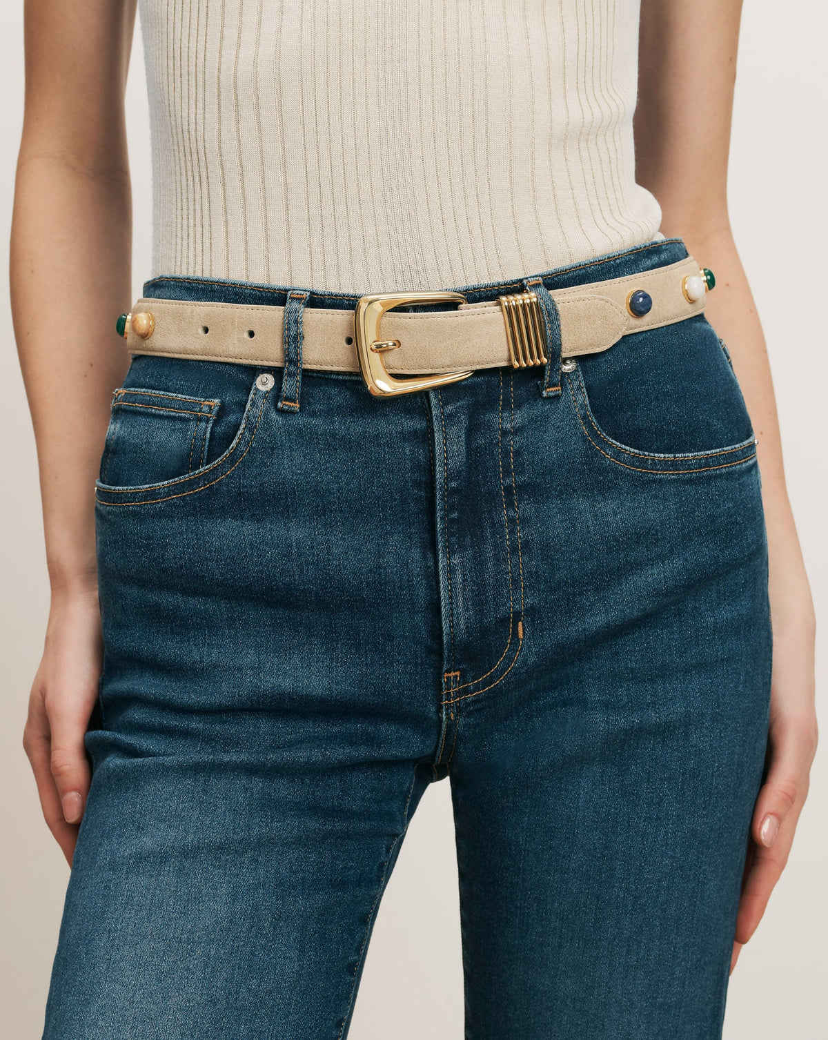 Veronica Beard | Arch Embellished Suede Belt in Stone Khaki Stone Khaki