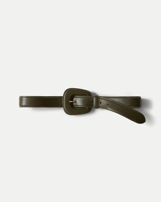 Veronica Beard | Elsy Leather-Buckle Belt in Khaki Cypress