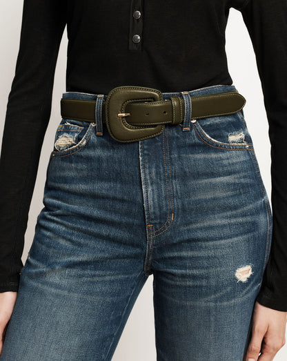 Veronica Beard | Elsy Leather-Buckle Belt in Khaki Cypress