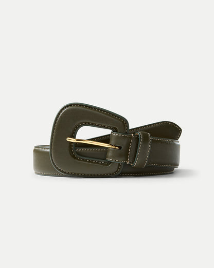 Veronica Beard | Elsy Leather-Buckle Belt in Khaki Cypress
