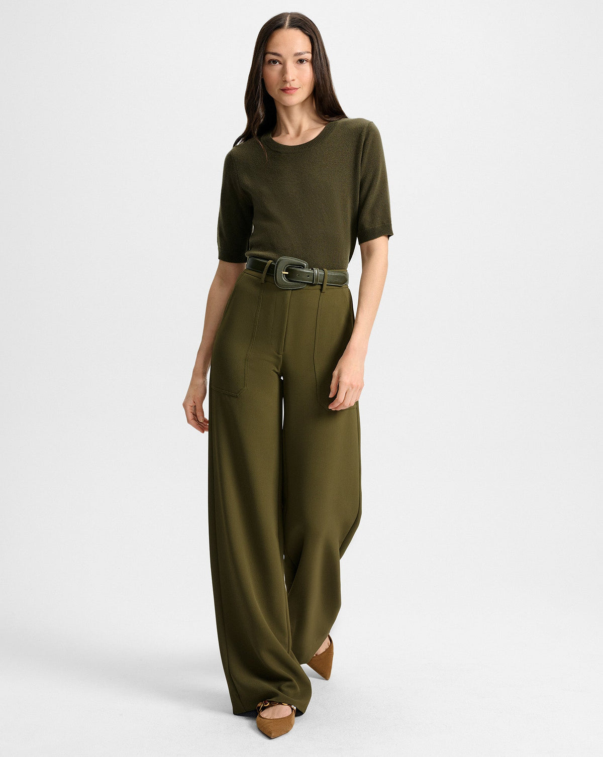 Veronica Beard | Elsy Leather-Buckle Belt in Khaki Cypress