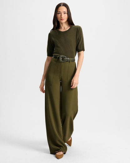 Veronica Beard | Elsy Leather-Buckle Belt in Khaki Cypress
