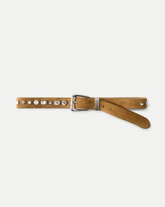Veronica Beard | Arch Suede Crystal Embellished Belt in Brown Suede Acorn Acorn