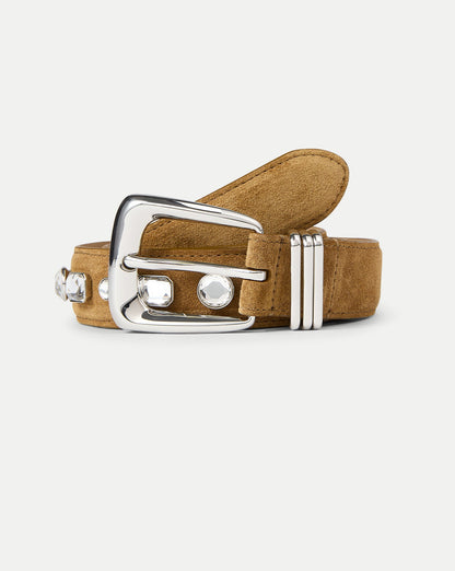Veronica Beard | Arch Suede Crystal Embellished Belt in Brown Suede Acorn Acorn