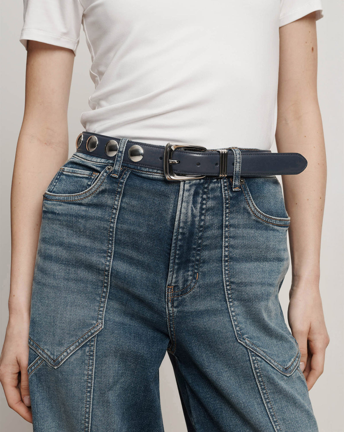 Veronica Beard | Arch Silver Studded Leather Belt in Navy Navy
