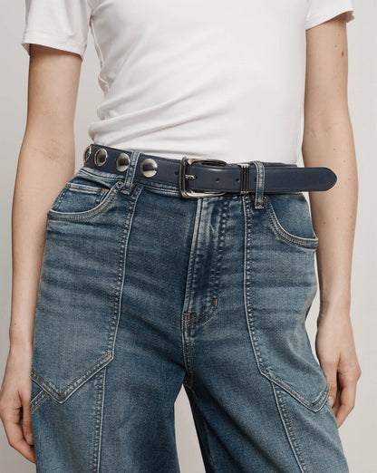 Veronica Beard | Arch Silver Studded Leather Belt in Navy Navy